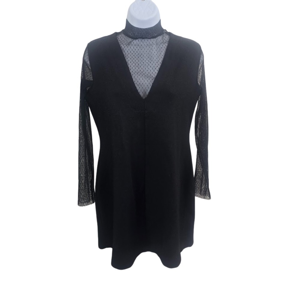 Zara‎ Black Mini Dress Sheer Mesh High Neck V-Neck Women M Edgy Cocktail Party